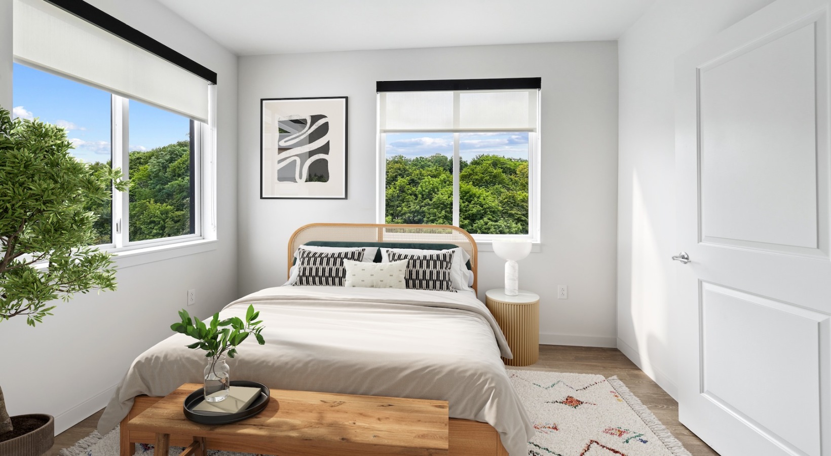 Bedroom with natural lighting and high ceilings