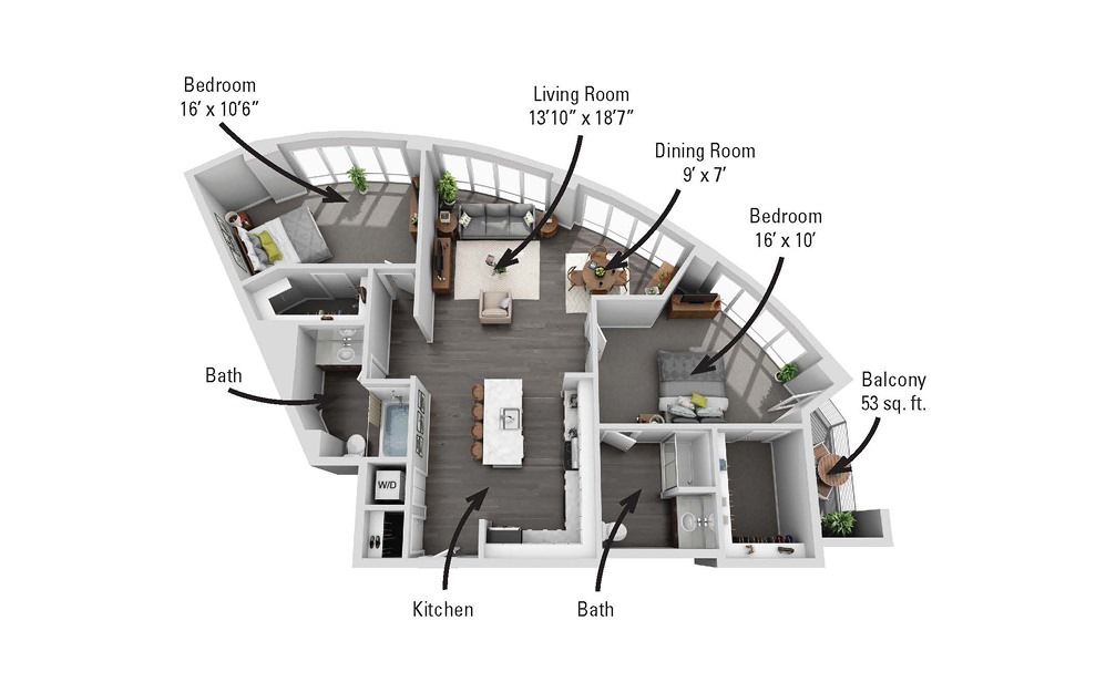 The Aurora - 2 bedroom floorplan layout with 2 bathrooms and 1319 square feet