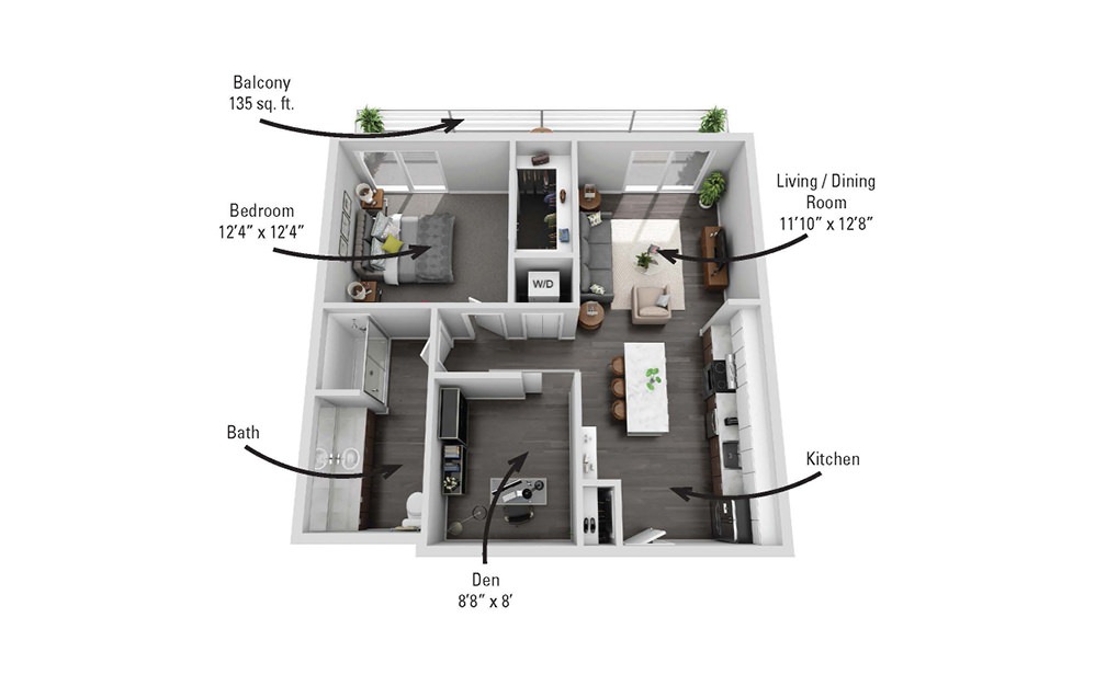 The Buffalo - 1 bedroom floorplan layout with 1 bath and 763 square feet.