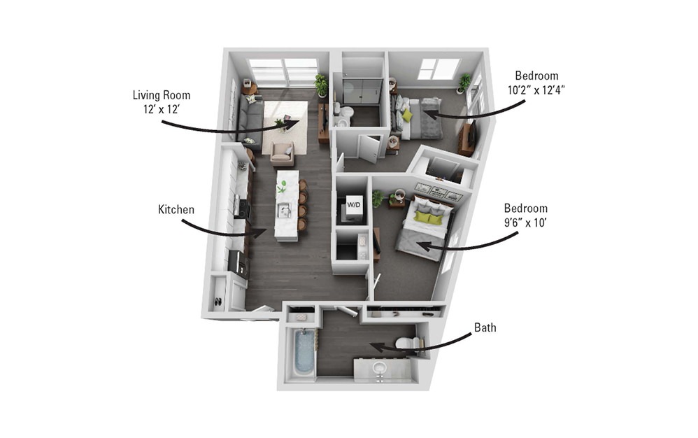 The Fulton - 2 bedroom floorplan layout with 2 bathrooms and 973 square feet