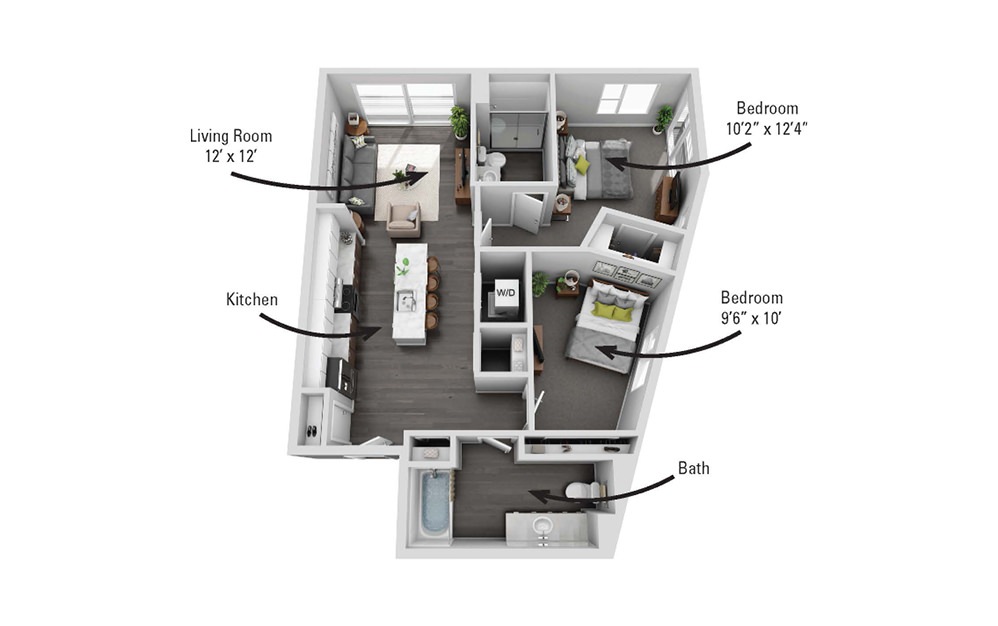 The Fulton - 2 bedroom floorplan layout with 2 baths and 973 square feet.