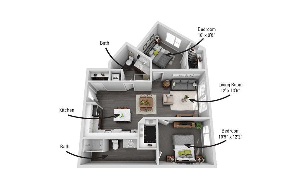 The Geneva - 2 bedroom floorplan layout with 2 bathrooms and 969 square feet