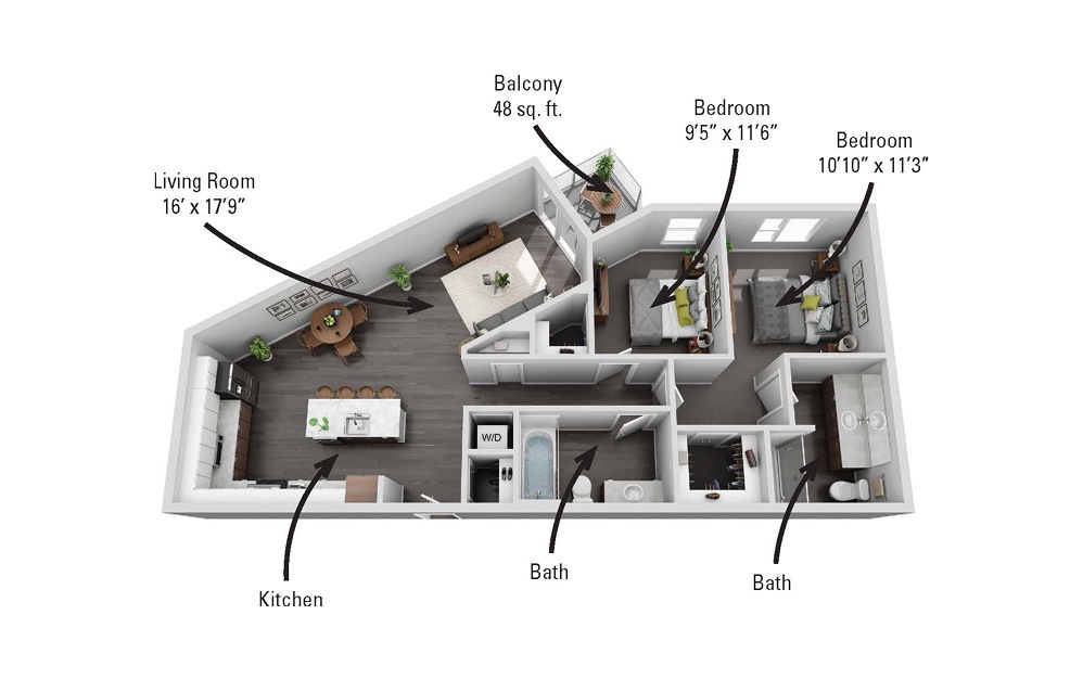 The Green - 2 bedroom floorplan layout with 2 bathrooms and 1103 square feet