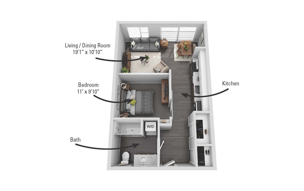 The Tioga - 1 bedroom floorplan layout with 1 bathroom and 606 square feet