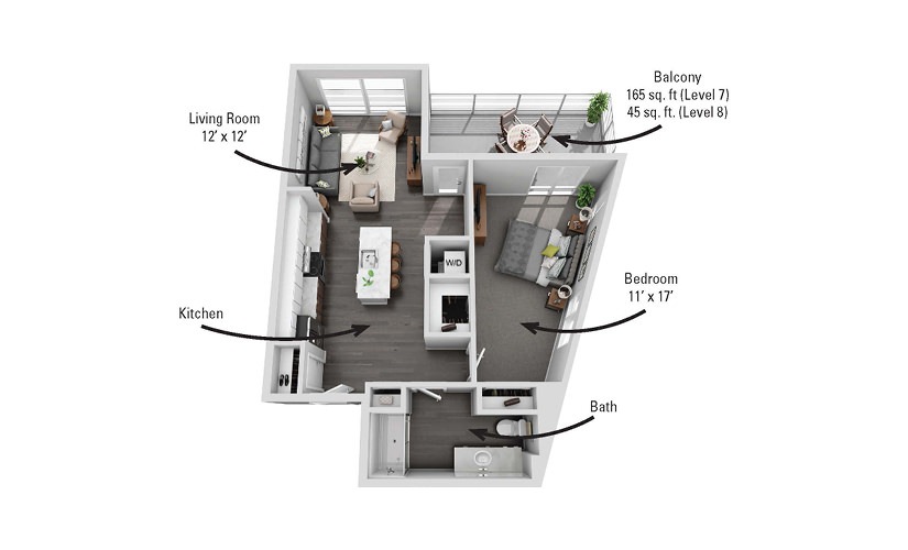 The Albany - 1 bedroom floorplan layout with 1 bathroom and 807 square feet