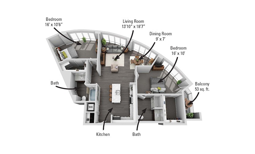 The Aurora - 2 bedroom floorplan layout with 2 bathrooms and 1319 square feet
