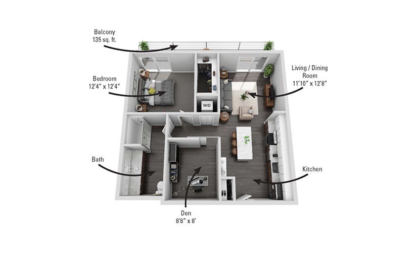 The Buffalo - 1 bedroom floorplan layout with 1 bathroom and 763 square feet