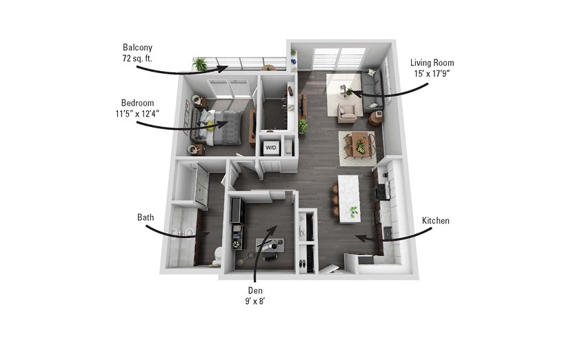 The Clinton - 1 bedroom floorplan layout with 1 bathroom and 936 square feet