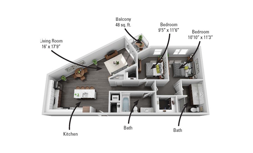 The Green - 2 bedroom floorplan layout with 2 bathrooms and 1103 square feet