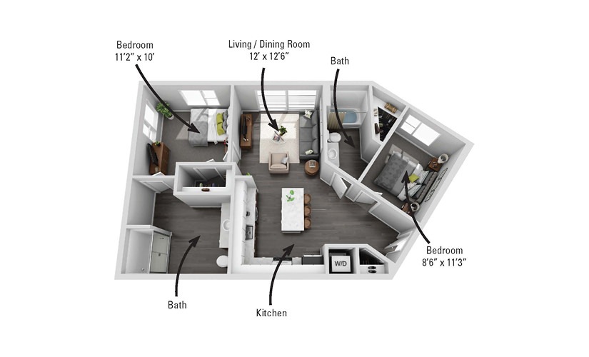 The Meadow - 2 bedroom floorplan layout with 2 bathrooms and 866 square feet