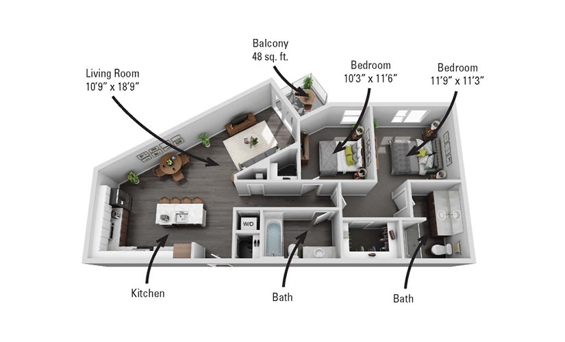 The Seneca - 2 bedroom floorplan layout with 2 bathrooms and 1136 square feet
