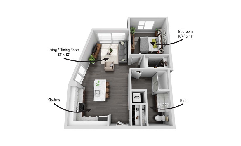 The Stewart - 1 bedroom floorplan layout with 1 bathroom and 725 square feet