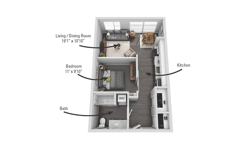 The Tioga - 1 bedroom floorplan layout with 1 bathroom and 606 square feet